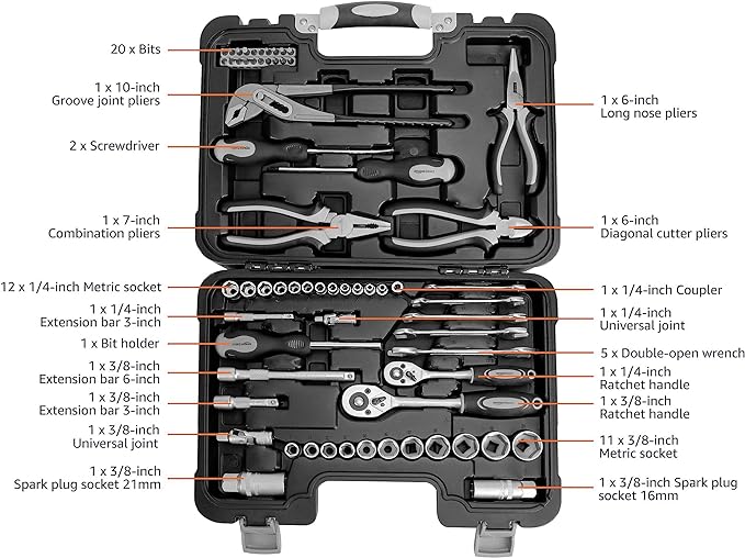 Amazon Basics 65-Piece General Household Home Repair and Mechanic's Hand Tool Kit Set, Black