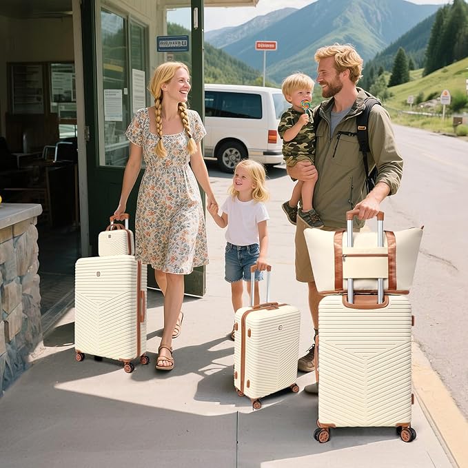 Hoteel 6 Piece Luggage Set (4-YEAR WARRANTY) Carry on ABS+PC Hard Shell Suitcase with Spinner Wheels & TSA Lock (Beige)