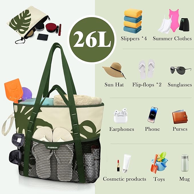 Beach Bag with Zipper - 8 Pockets Sandproof Beach Tote Bag for Women,Foldable Lightweight Family Swim Bag Vacation