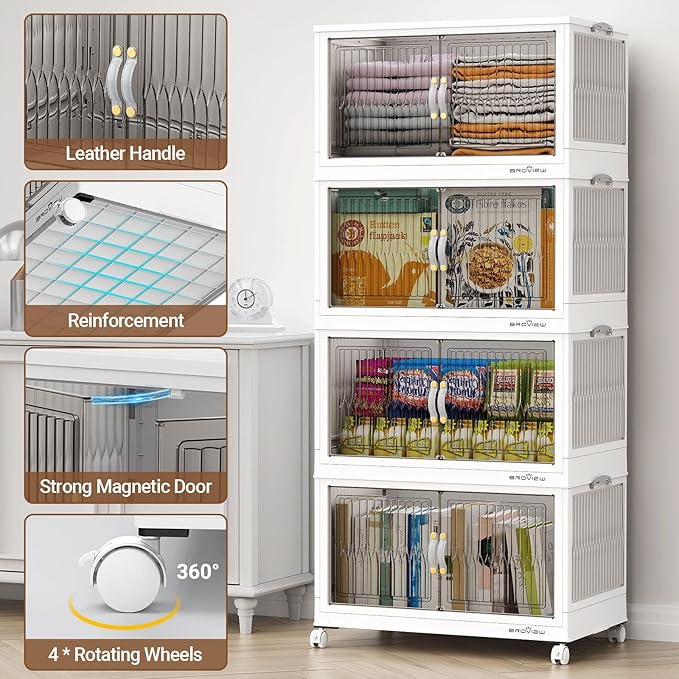 BROVIEW 300Qt Stackable Storage Bins with Lid, Extra Large Closet Organizer Collapsible Drawer Boxes with Wheels, Folding Plastic Cabinet Containers for Home Kitchen Room Organization, 3Pack White