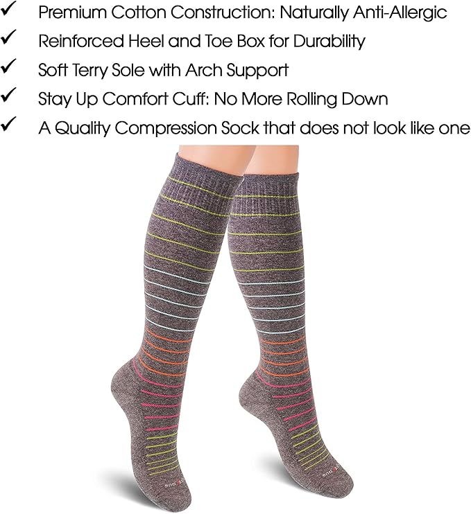 Cotton Compression Socks for Women & Men. 15-20 mmHg Support Knee-High Black S/M
