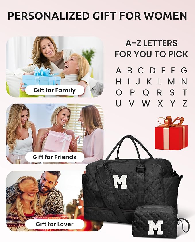 Women Gifts for Wife-Initial Duffle Bag with Shoe Compartment, Weekender Bag, Monogram Overnight Bag, Letter Travel Bag with Makeup Bag，Personalized Gift Idea for Women Her (Letter G)