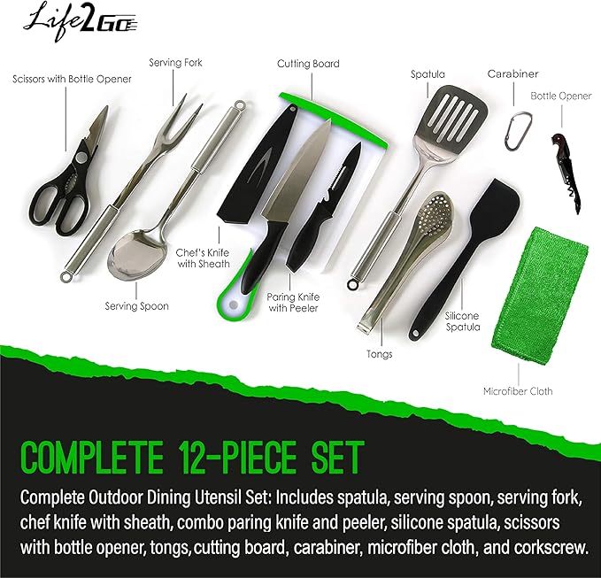 12 Pcs Camp Cooking Utensil Set & Outdoor Kitchen Gear Cookware Kit, Portable Compact Carry Case for Camping, Hiking, Travel, BBQ Grilling Stainless Steel Accessories Spoon & Fork, Navy