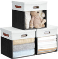 Fabric Storage Cubes with Clear Windows and Lids, 13'' Foldable Storage Bins with 3 Handles, Decorative Storage Boxes for Home, Bedroom, Closet, Office (Balck & White)