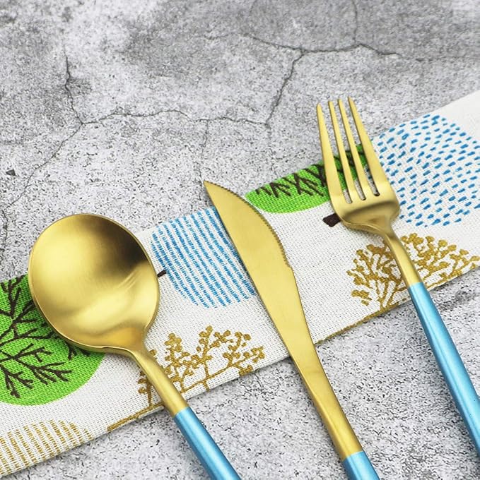 Gugrida Blue Handle Matte Gold Silverware Set - 5-Piece 18/10 Stainless Steel Satin Finish Flatware, Kitchen Utensils, Tableware Travel Cutlery for Camping, Office, School Lunch - Dishwasher Safe