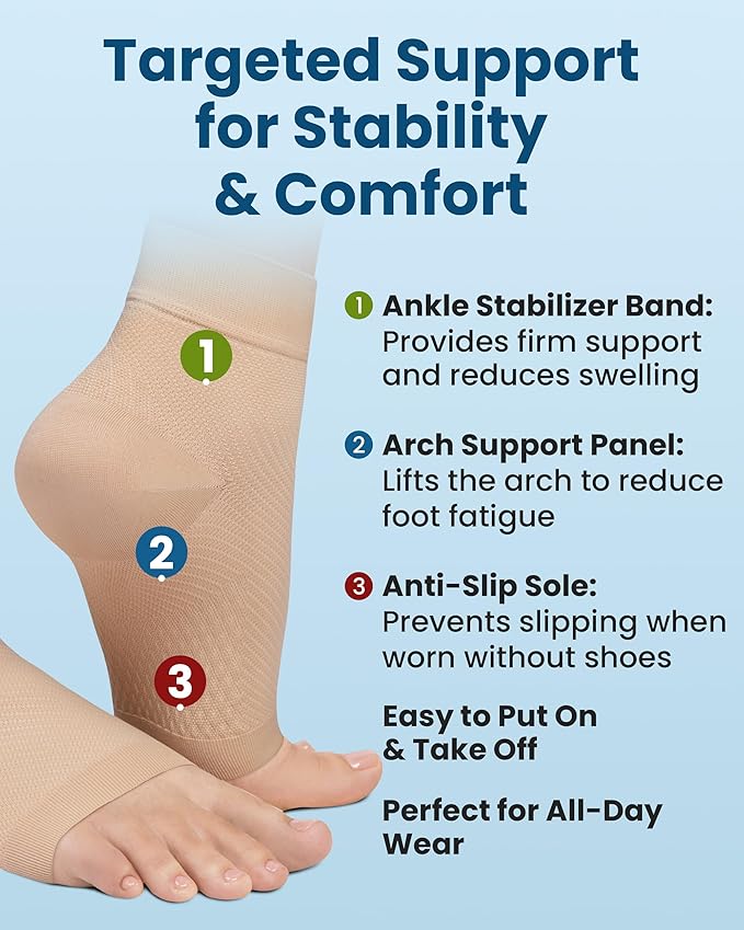 KEMFORD Ankle Compression Sleeve with Cooling Effect - Plantar Fasciitis Braces - Open Toe Compression Socks for Swelling, Sprain, Neuropathy, Arch Support for Men and Women - L, Beige