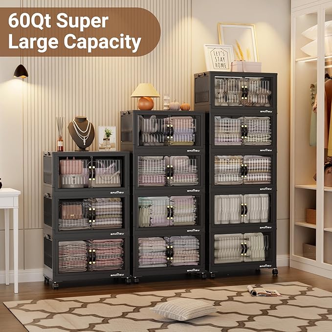 BROVIEW 180Qt Stackable Storage Bins with Lid, Extra Large Closet Organizer Collapsible Drawer Boxes with Wheels, Folding Plastic Cabinet Containers for Home Kitchen Room Organization, 3Pack Black