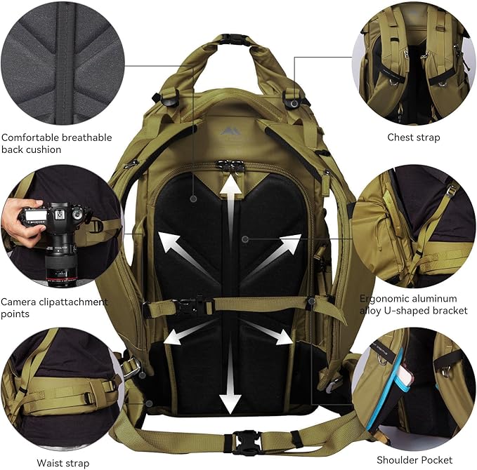 Tenzing 30L Water-Resistant Camera Backpack with Rain Cover, 14" Laptop Compartment, Fits DSLR, Drone, Lenses, Tripod-Brown