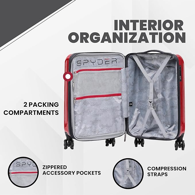 Spyder Rails 20 Inch Expandable Hardside Upright Suitcase with 360° Spinner Wheels, TSA Approved Lock, Red