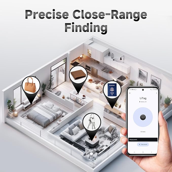 LiTag - Bluetooth Tracker for Android Phones. Google Certified Item Locator. Smart Tracking Tag for Google Find My Device (Find Hub) App. Finder for Keys, Luggage, Suitcase, Backpack, Purse (4 Pack)
