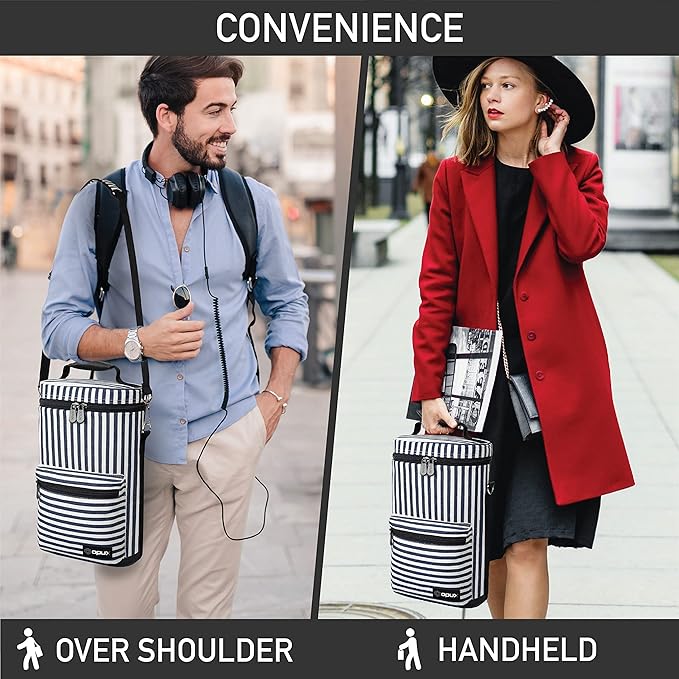 opux Wine Bag 2 Bottle Wine Tote Carrier, Insulated Wine Cooler Bag for Travel Picnic, Leakproof Portable Padded Case, Wine Gifts For Women Men Wine Lovers Christmas, Navy White Stripes