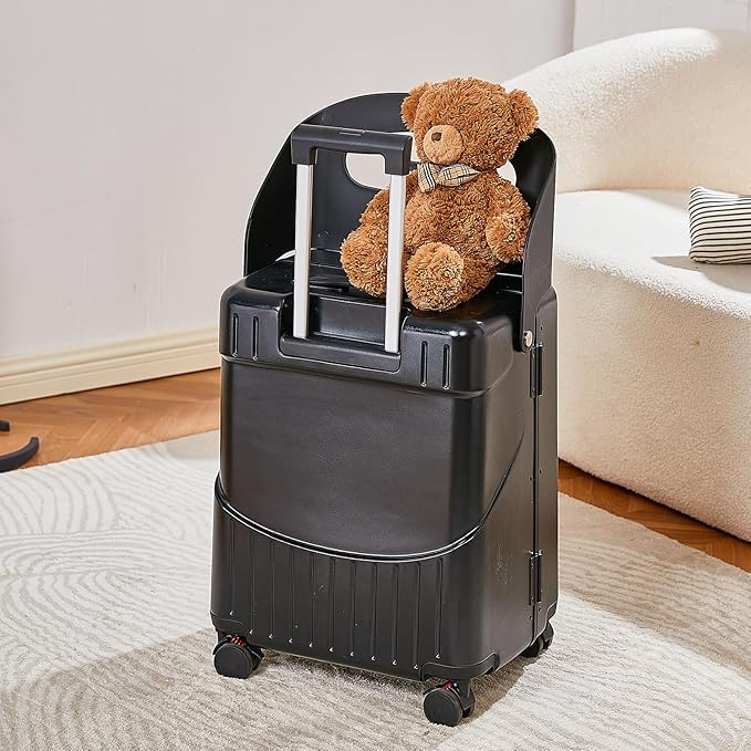 22 Inch TSA Lock Luggage with Seat for Adults and Kids,Check in Lockable Spinner Wheels Suitcase with Belt and Cover (TSA Luggage with Seat Black)