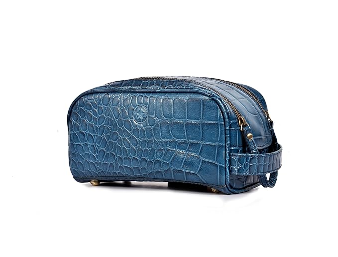 10" Premium Leather Toiletry Travel Pouch With Waterproof Lining | King-Size Handcrafted Vintage Dopp - Kit ~ Gift for Father's Day By Aaron Leather Goods (Egyptian Blue)