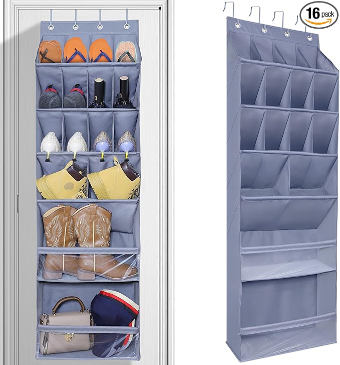 Over The Door Shoe Organizer with Large Deep Pockets Hanging Multifunction Shoe Holder for Narrow Door Dorm Closet, Grey 16 Pockets
