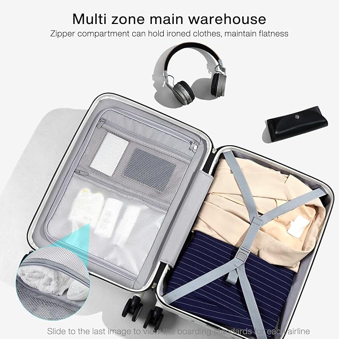 Hanke Grace Expandable Carry On Luggage with Wheels Airline Approved Hard Shell Suitcases with Front Pocket，Top Opening Luggage with TSA Lock for Short Business Travel, Grey.