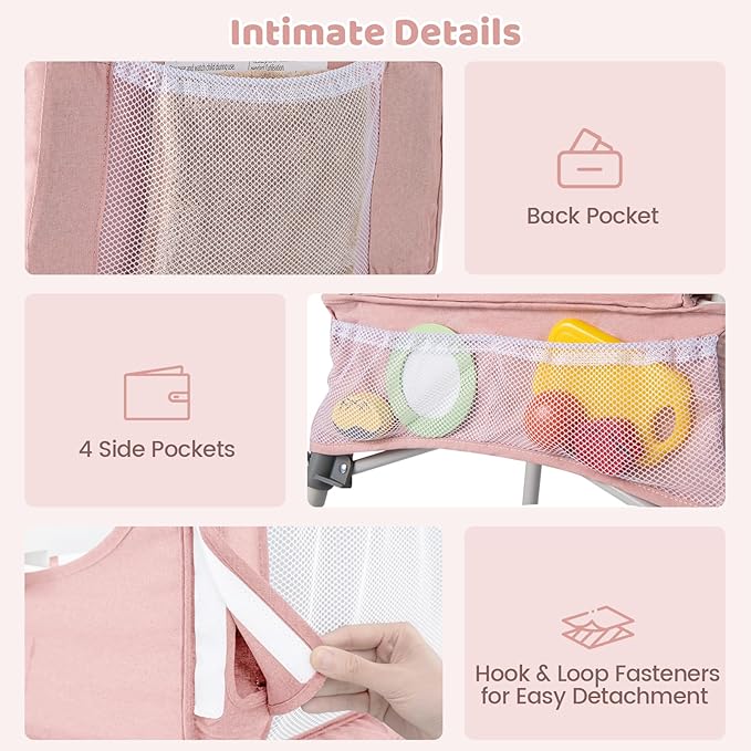 INFANS Baby High Chair, Foldable Portable Highchair for Babies and Toddlers with Travel Bag Adjustable Tray, 5 Point Harness, Compact Space Saver Infant Feeding Chair for Age 6-36 Months (Pink)