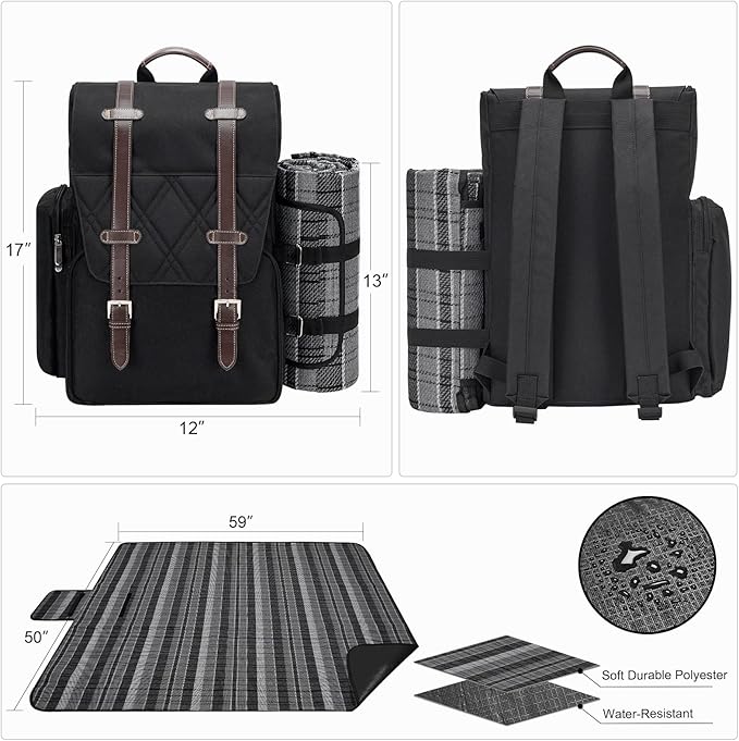 Picnic Backpack for 2 Person with Large Insulated Cooler Bag, Picnic Basket Set with Wine Pouch, Waterproof Picnic Blanket & Cutlery Set. Perfect for Camping, Party,Wedding Gift for Couple.2P-Black