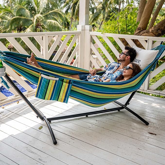 Lazy Daze Hammocks Double Hammock with 9FT Space Saving Steel Stand Includes Portable Carrying Case, 450 Pounds Capacity (Blue&Yellow)