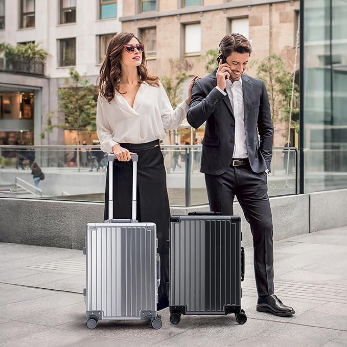 YYW Aluminum Carry-On Luggage Airline Approved Lightweight Suitcase with TSA Lock and Silent Wheels Hardshell Spinner Business Travel (Silver, 20in)