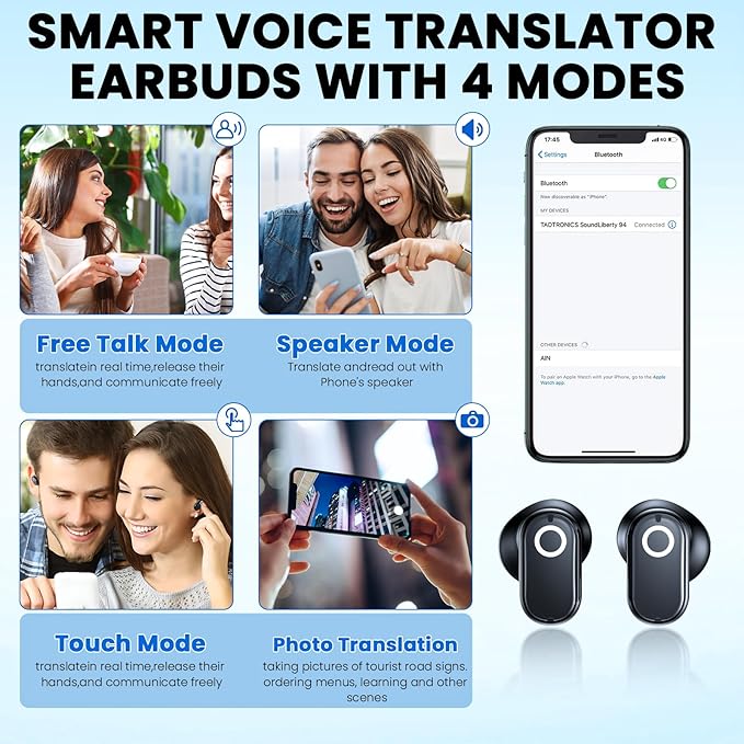 AI Translation Earbuds Real Time, 139 Language Translator Earbuds TWS 3-in-1 Translation Headphones, Translation Device for Travel Business Learning Compatible with iOS and Android, Black