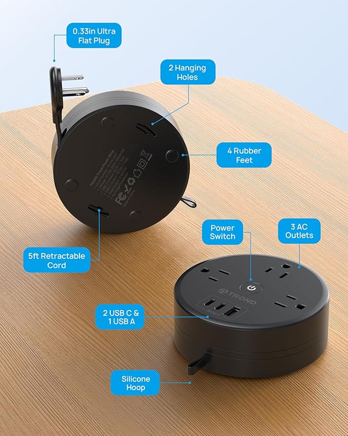 TROND Retractable Extension Cord Power Strip - Travel Power Strip with 3 AC Outlets 3 USB Ports (2 USB C), Ultra Thin Flat Plug 5ft, Cruise Ship Essentials, for Home Hotel Dorm Room, Black