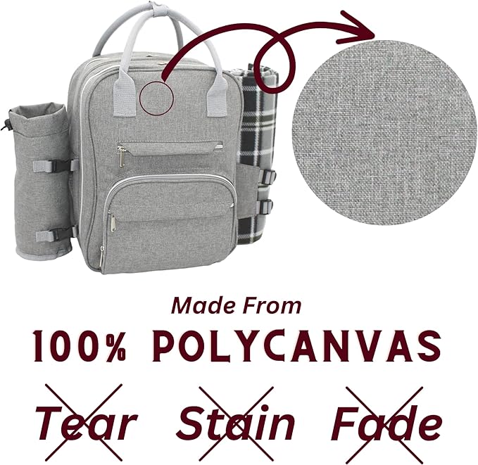 Truvelli Picnic Backpack for 4 with Blanket – 12-in-1 Insulated Picnic Basket Backpack Set with‬ Wine Holder, Cheese Board & Cutlery – Premium Picnic Back Pack for Family & Group‬ Adventures, Gray