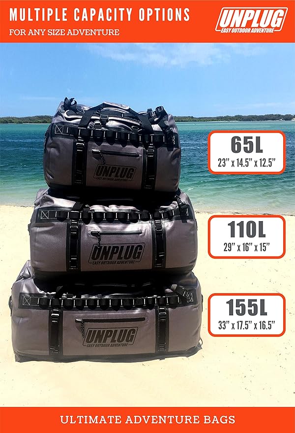 UNPLUG Waterproof Bags for Travel -1680D Heavy Duty Waterproof Duffel Bag for Camping, Motorcycle Dry Bag, Hunting Bag, Bug Out Bag, Waterproof Bags for Boating. Tactical Duffle Bag (155L Storm Grey)