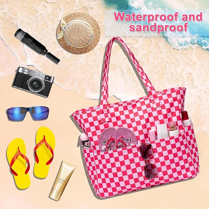 LEDAOU Large Beach Tote Bag Women Waterproof Sandproof Zipper Beach Tote Bag for Pool Gym Grocery Travel with Wet Pocket