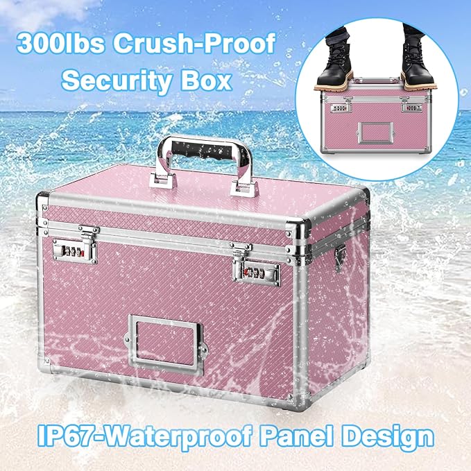 13.4 x 8 x 8.7 Inch Lockable Storage Box with Combination Lock, Portable Safe for Documents, Medicine, Cash & Valuables, Medicine Lock Box with Label Slot for Home, Office & Travel - Pink