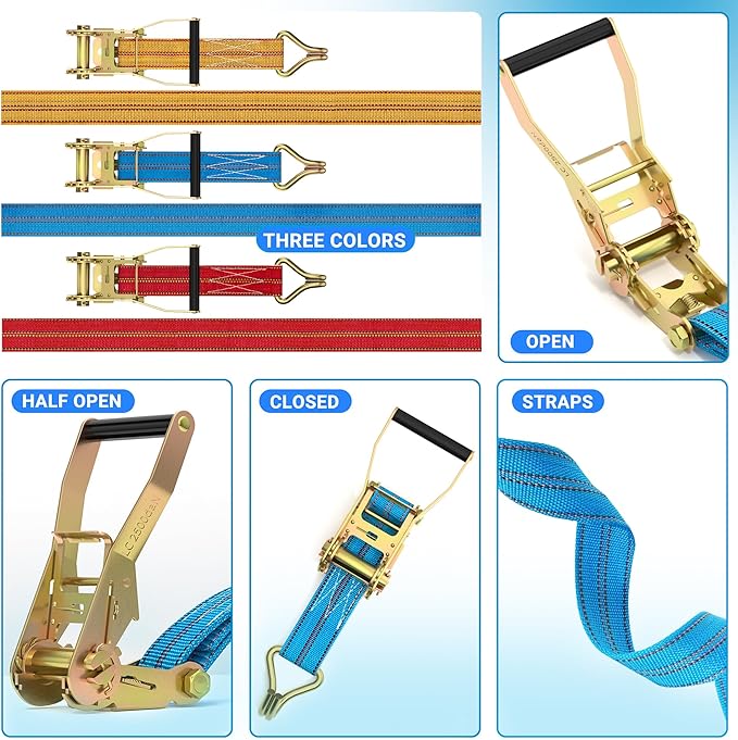 4Pack Heavy Duty Ratchet Straps, 2” 32Ft Ratchet Tie Down Strap, Tie Down Ratcheting with Double J Hook, 4000 LB Break Strength Cargo Straps Ratcheting for Moving Cargo, Lawn Equipment and Motorcycles