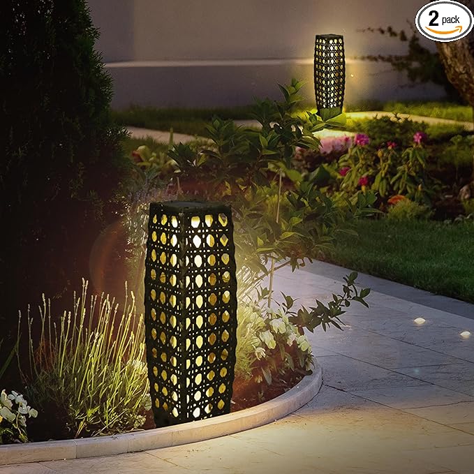Solar Powered Outdoor Floor, 2 Piece Solar Outdoor Floor Lamps Lanterns Waterproof, Resin Wicker Weather-Resistant Rattan Deck Light for Patio, Lawn, Porch, Garden