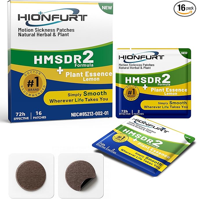 HMSDR2 16ct Motion Sickness Patches with Plant Essence – Lemon – Sea Sickness Patches for Cruise, Car, Airplane – Non-Drowsy, 72H Lasting