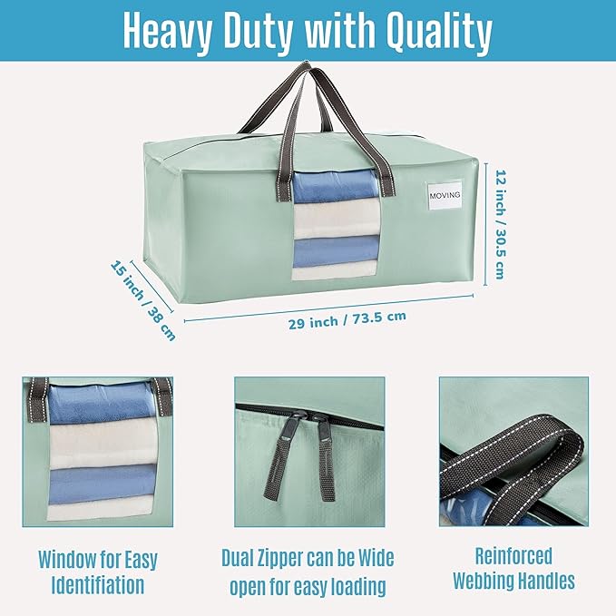 VENO 10 Pack Moving Bags for College, Heavy-Duty Storage Totes, Moving Boxes and Wardrobe Packing Supplies Alternative - Extra Large Durable Laundry Bags for Clothes (Shiny Light Green, 10 Pack)
