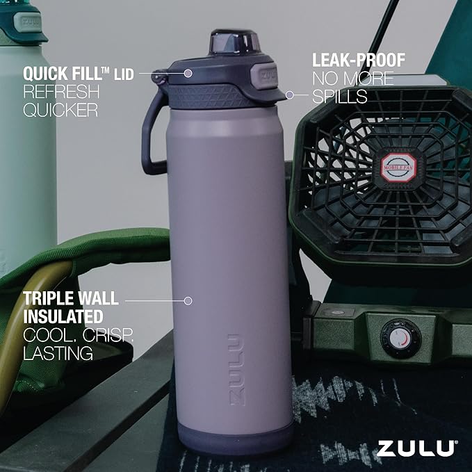 ZULU Powerfill Pro 32oz Stainless Steel Water Bottle with Quick Fill Lid, Triple Walled Vacuum Insulated Metal, Leak Proof Locking Lid, Sip and Chug, Reusable BPA Free, Amethyst