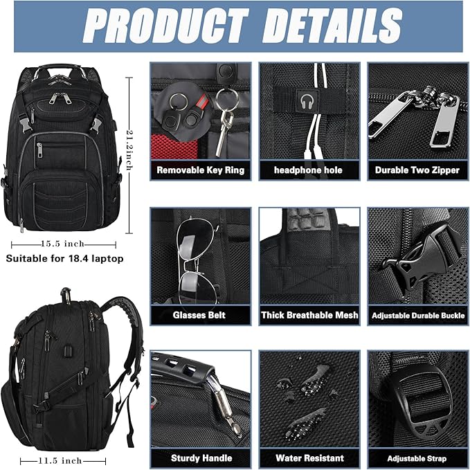 18.4 Laptop Backpack for Men, 60L Extra Large Gaming Laptops Backpack with USB Charger Port,TSA Friendly Flight Approved RFID Anti-Theft Pocket Heavy Duty Computer Bag Backbag,21.2*15.5*11.5 inch Grey