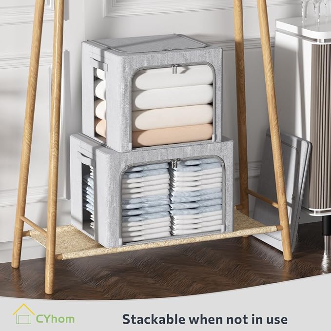 4 Pack Clothes Storage Bins with Metal Frame - Linen Fabric Foldable Stackable Container Organizer Set with Clear Window & Carry Handles & Zippers (Light Grey, 15.7"x11.8"x7.8")