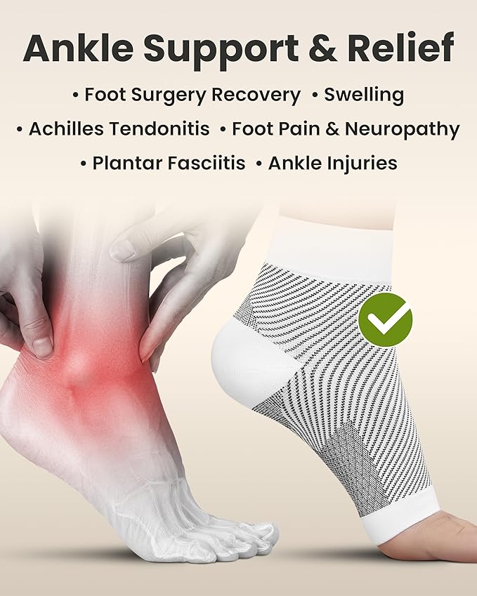 KEMFORD Ankle Compression Sleeve - Plantar Fasciitis Braces - Open Toe Compression Socks for Swelling, Sprain, Neuropathy, Foot Arch Support for Men and Women - 20-30mmhg, L, White and Black