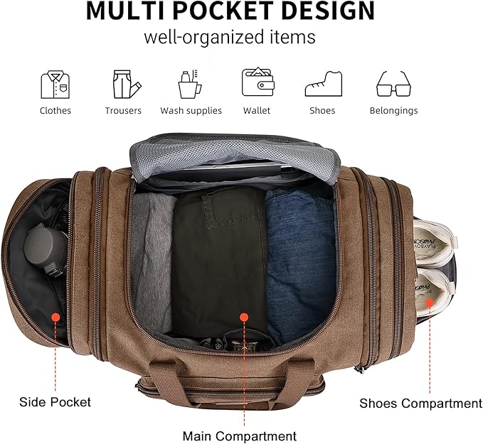 WITZMAN Mens Duffle Bags for Traveling Canvas Weekender Travel Bag Expandable Overnight Bag Carry on Bag(A8007 Brown)