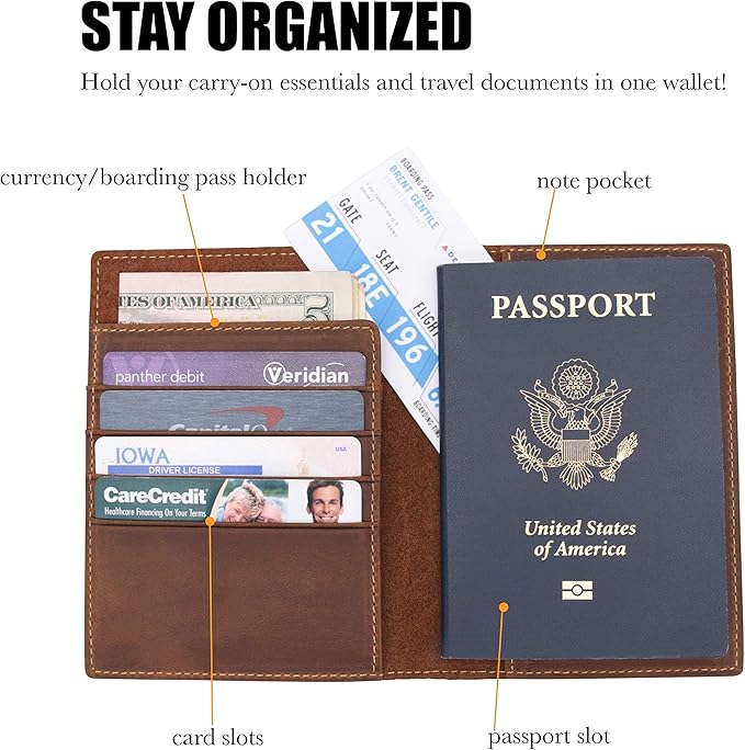 WANDERINGS Leather Travel Wallet with Passport Holder - 5.5" x 4" - Genuine Leather Case with RFID Blocking for Men and Women - Folding Wallet for Passports