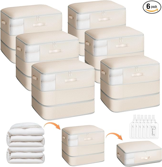 6 Pack Compression Storage Bags - 110L Large Capacity Comforter Storage Bag, 3-Layer Washable Ultra Space Saving Self Compression Organizer Space Bags for Blankets, Sweaters, Sheets, Beige