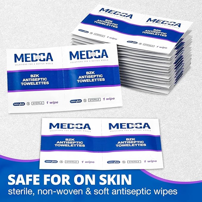 Benzalkonium Chloride Towelletes Hand Wipes – (Pack of 200) Chloride Swabs Individual BZK Single-Use Packets by MEDca 5"x6"