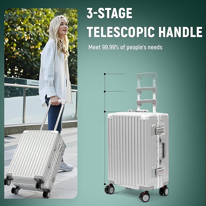 UrbanExplorer 20 Inch Carry On Luggage Aluminum Frame Airline Approved, Zipperless Luggage Carry On TSA Approved ABS+PC Hard Shell Suitcases, Lightweight Carry-On Suitcase with Cup Holder, Sliver