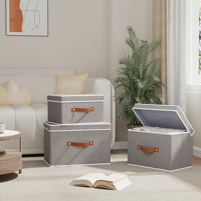 Collapsible Storage Bins with Lids, 1 Pack Linen Foldable Cloth Baskets, 15 x 9.8 x 9.8 Inch Closet Organizer Containers with Double Handles, Sweater Boxes for Bedroom, Grey