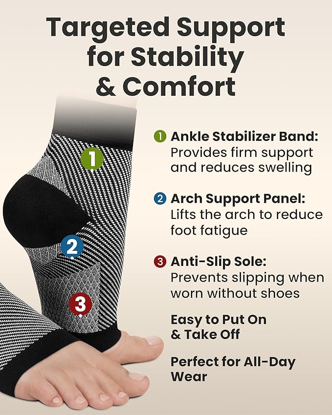 KEMFORD Ankle Compression Sleeve - Plantar Fasciitis Braces - Open Toe Compression Socks for Swelling, Sprain, Neuropathy, Foot Arch Support for Men and Women - 20-30mmhg, L, Black and White