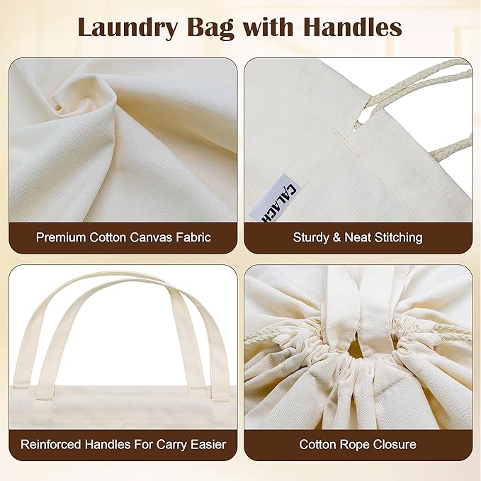 Canvas Laundry Bags with Handles & Square Base 13.8"x 13.8", Large Heavy Duty Laundry Basket Hamper Liner, College Dorm Washable Drawstring Cotton Dirty Clothes Bag (Natural,1 Pack)