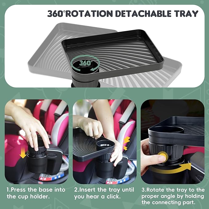 2 Pack Upgraded Car Seat Tray for Kids Car Seat Tray with Expandable Base for Snacks, Toys, Books, Entertainment Kids Travel Essentials Fits 2.8''-3.2'' Cup Holders (2, Standard Base)
