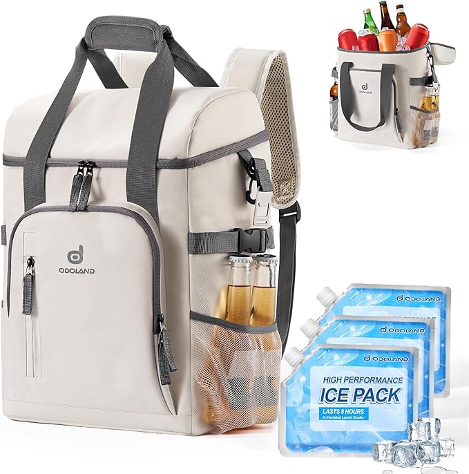 Odoland Cooler Backpack, 30 Cans Insulated Leak-Proof Cooler Bag with Ice Pack for Women and Men, Waterproof Beach Lunch Cooler