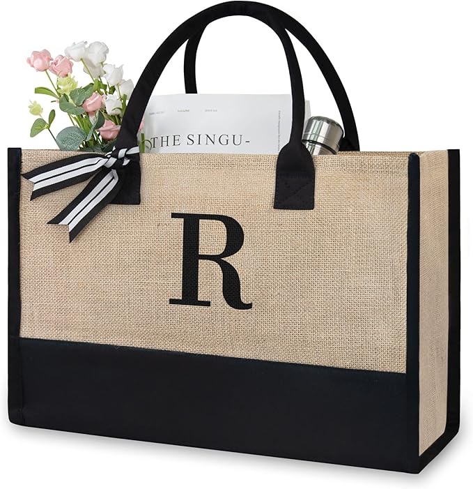 TOPDesign Initial Jute/Canvas Tote Bag, Personalized Present Bag, Suitable for Wedding, Birthday, Beach, Holiday, is a Great Gift for Women, Mom, Teachers, Friends, Bridesmaids (Letter R)