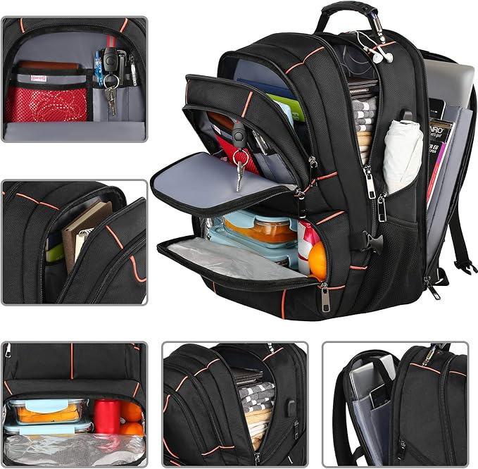 VECKUSON Lunch Bag Backpack, Insulated Cooler Lunch Box, Extra Large 17.3 inch Laptop Backpack with USB Port for Women and Men, Orange