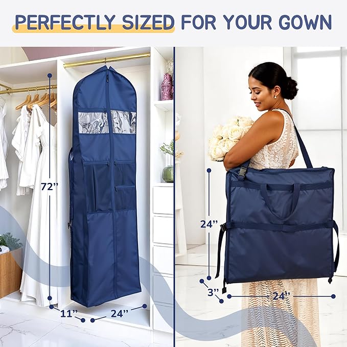 Sturdy Oxford polyester fabric - 72" Wedding Dress Garment Bag - Shoulder Strap - Accessory Pockets - Attaches to Suitcase – Waterproof – Trifold – Designed for Full Skirts – Carry Handle